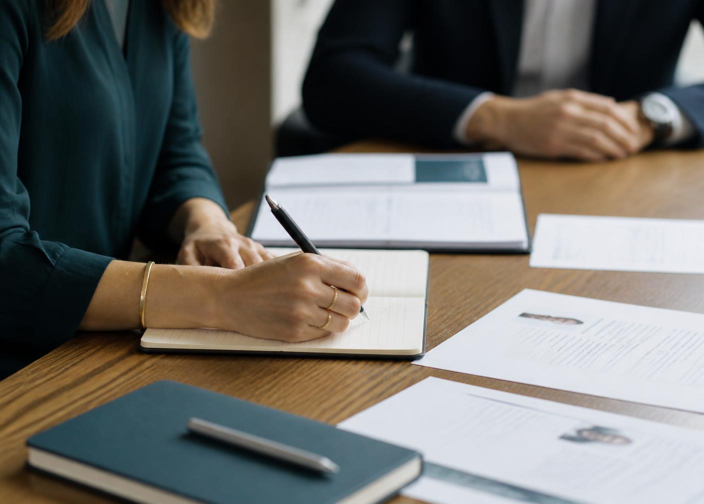 Professional taking notes during a recruitment discussion